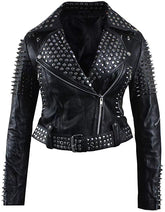 Womens Britney Spikes Brando Biker Vintage Motorcycle Studded Black Leather Jacket